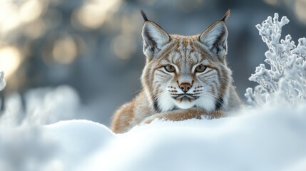 Fototapeta premium Lynx resting in snowy forest, winter sunset