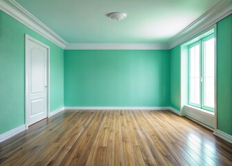 Fototapeta premium Modern Empty Room with Mint Green Walls and Wooden Floor - Copy Space Stock Photo