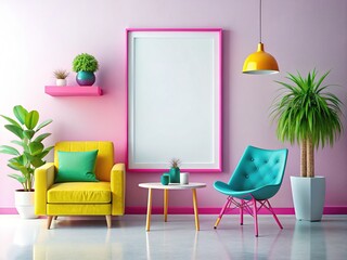 Modern Monochrome Living Room with Mockup Poster Frame - Scandinavian Style 3D Render