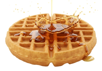 Delicious golden waffle topped with syrup, creating a splash effect, capturing a delightful breakfast moment in a playful way.