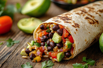 Satisfying vegetarian burrito with colorful bell peppers, creamy avocado, and fresh herbs