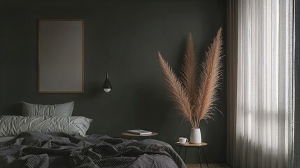 Generative AI, High-Contrast Minimalist Bedroom with Deep Charcoal and White Accents