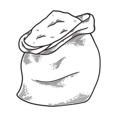 Bag with wholemeal flour or sugar. Hand drawn sketch style. Vintage black vector engraving illustration for label, web, flayer bakery. Isolated on white background.