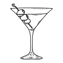 Martini glass with olives. Hand drawn alcohol cocktail, vector sketch. Engraving illustration