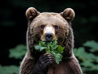 Obraz premium Bear eating foliage in forest portrait