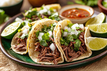 Authentic Mexican tacos with slow-cooked barbacoa beef, lime wedges, and salsa roja