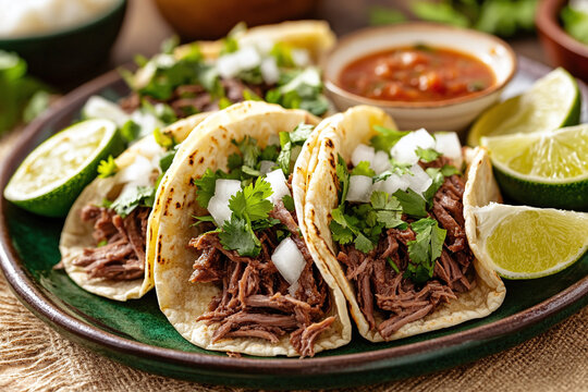 Authentic Mexican tacos with slow-cooked barbacoa beef, lime wedges, and salsa roja