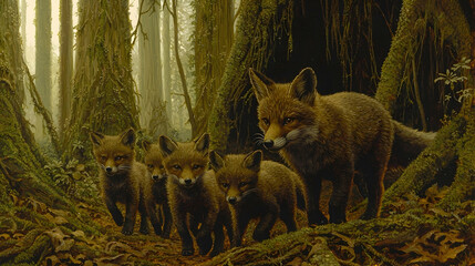 Fototapeta premium Fox Family Walking Misty Forest Path