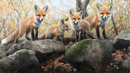 Fototapeta premium Autumn Fox Family Posing on Rocks in Woodland