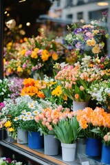 Fototapeta premium A flower shop window display bursting with colorful spring blooms, sprint flower
