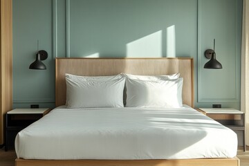 Modern bedroom with king bed, wood headboard, and wall sconces.