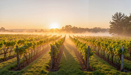 Fototapeta premium Misty vineyard at sunrise with soft sunlight, tranquil nature
