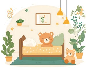 Bear in Bed. Nursery setting. Childish Illustration