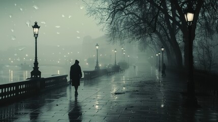 Serene Urban Landscape at Dusk with Silhouetted Figures Strolling Down a Foggy Riverwalk in a Mysterious Atmosphere