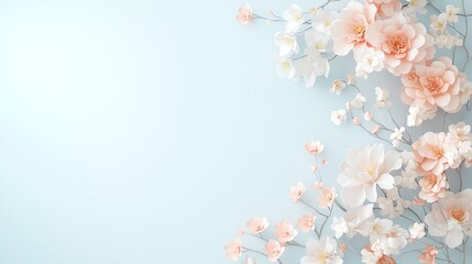 Delicate pastel flowers on a light blue background, creating a serene and elegant composition.