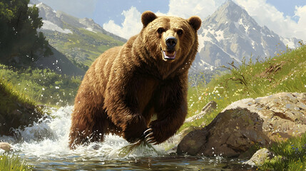 Obraz premium Grizzly bear fishing in mountain stream, alpine landscape background; wildlife documentary, nature poster