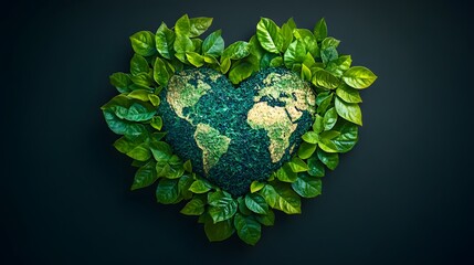 Vector-style illustration of a heart-shaped globe surrounded by leaves, promoting eco-friendly awareness