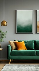 Stylish living room featuring a green sofa, decorative pillows, and modern wall art.