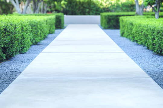 Paved walkway lined with green hedges in a serene garden during daylight hours - Powered by Adobe