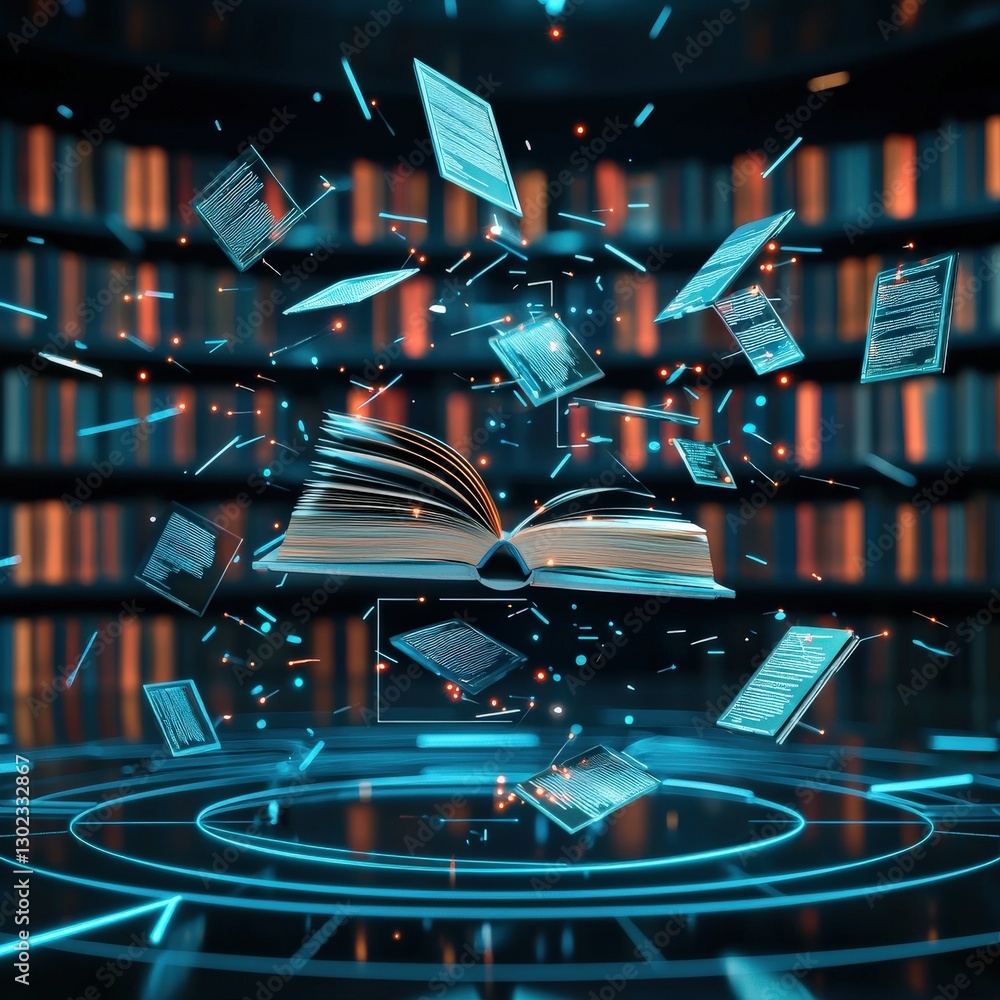 Poster a futuristic library filled with floating books and ai-driven knowledge, critical thinking skills