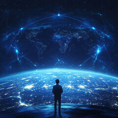 A figure stands on a rocky surface overlooking a glowing Earth surrounded by a network of lights, symbolizing global connectivity and technology