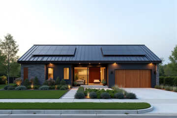 A Modern Sustainable house with sleek solar panels integrated into a flat roof, framed by minimalist landscaping.