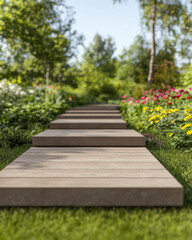 Garden pathway leads through vibrant flowers under clear blue sky in early afternoon