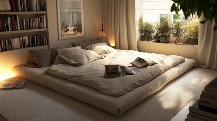 Chic and modern bedroom with a low bed frame, neutral decor, and a stylish reading nook