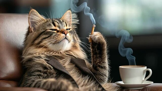 A sophisticated cat in a suit leisurely smoking a cigarette while sipping coffee in a cozy setting