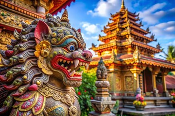 Obraz premium Ancient Lion Stucco Statue in Balinese Hindu Temple - Aerial View