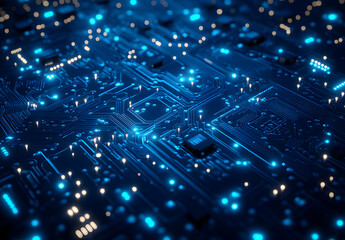 Abstract Blue Circuit Board Design, Illuminating Technology and Connectivity for Modern Digital Innovations and Futuristic Technological Advancements