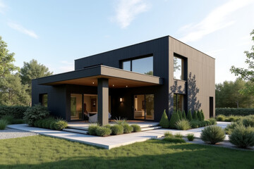 Fototapeta premium A Modern Sustainable house with sleek solar panels integrated into a flat roof, framed by minimalist landscaping.