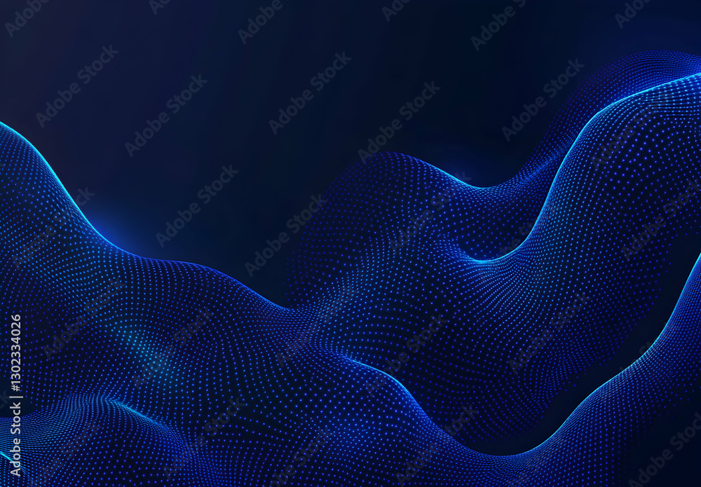 Poster abstract blue digital landscape with glowing dots and flowing lines, creating a sense of dynamic mot