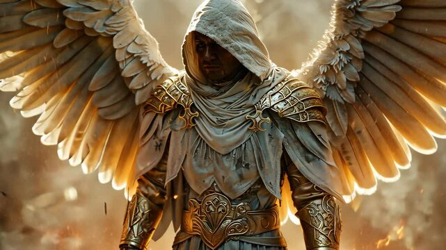 an archangel wearing white armor with white wing standing against divine light