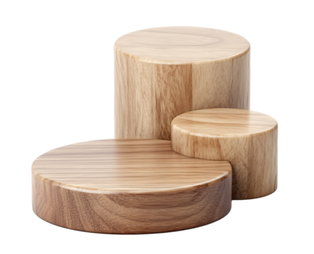 3 wood cylinder podiums, png transparent background