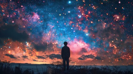 Fototapeta premium Surreal Expression of Human Contemplation Under a Vast Colorful Cosmic Sky