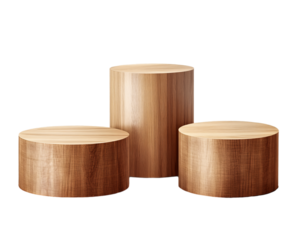 3 wood cylinder podiums, png transparent background