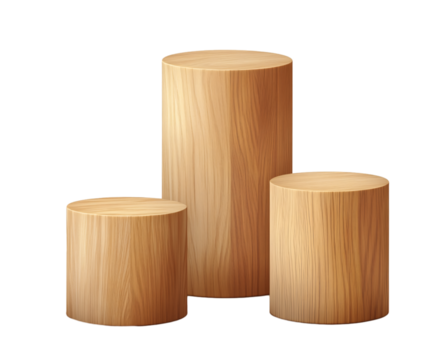 3 wood cylinder podiums, png transparent background - Powered by Adobe