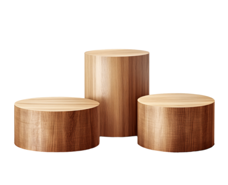 3 wood cylinder podiums, png transparent background - Powered by Adobe