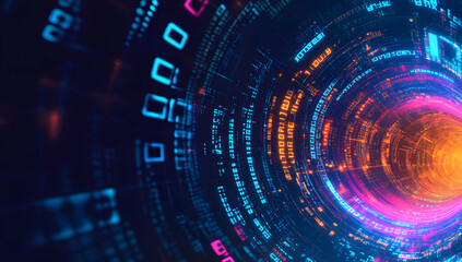 Abstract digital tunnel with glowing neon lights and binary code, symbolizing data flow, technology innovation, and futuristic concepts. Data stream visualization.