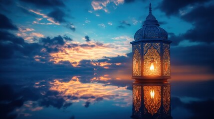 ornate, illuminated lantern against a deep blue twilight sky filled with clouds, reflecting the clouds on the surface below, with a cool, luminous color palette