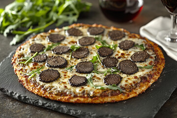 Luxurious truffle pizza with crispy crust, melted cheese, fresh arugula, and aromatic truffle oil
