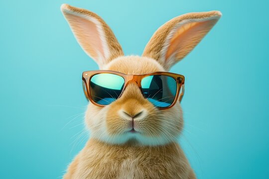 Bunny in sunglasses against a blue backdrop shows playful Easter spirit.