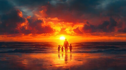 Fototapeta premium Watercolor-style dreamy illustration of a family walking on the beach at sunset, symbolizing togetherness