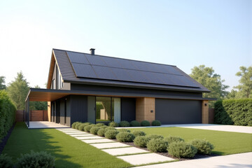 Fototapeta premium A Modern Sustainable house with sleek solar panels integrated into a flat roof, framed by minimalist landscaping.