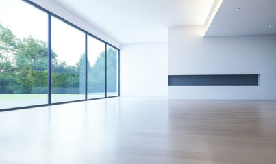 Fototapeta premium Open modern interior space with large windows showcasing greenery outside