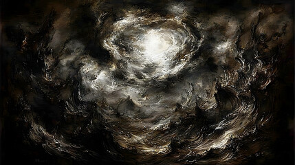 Dark stormy seascape, ships tossed in tempest, ethereal light, possible use dark fantasy background