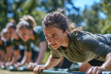High-energy outdoor boot camp session with participants running drills, jumping obstacles, and improving endurance