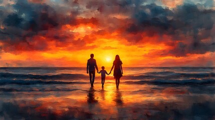 Fototapeta premium Watercolor-style painting of a family walking along the beach at sunset, holding hands