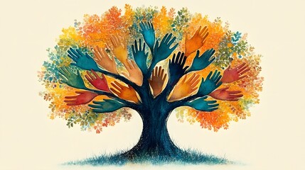 Vector-style minimal composition of hands forming a tree, symbolizing family growth and connection